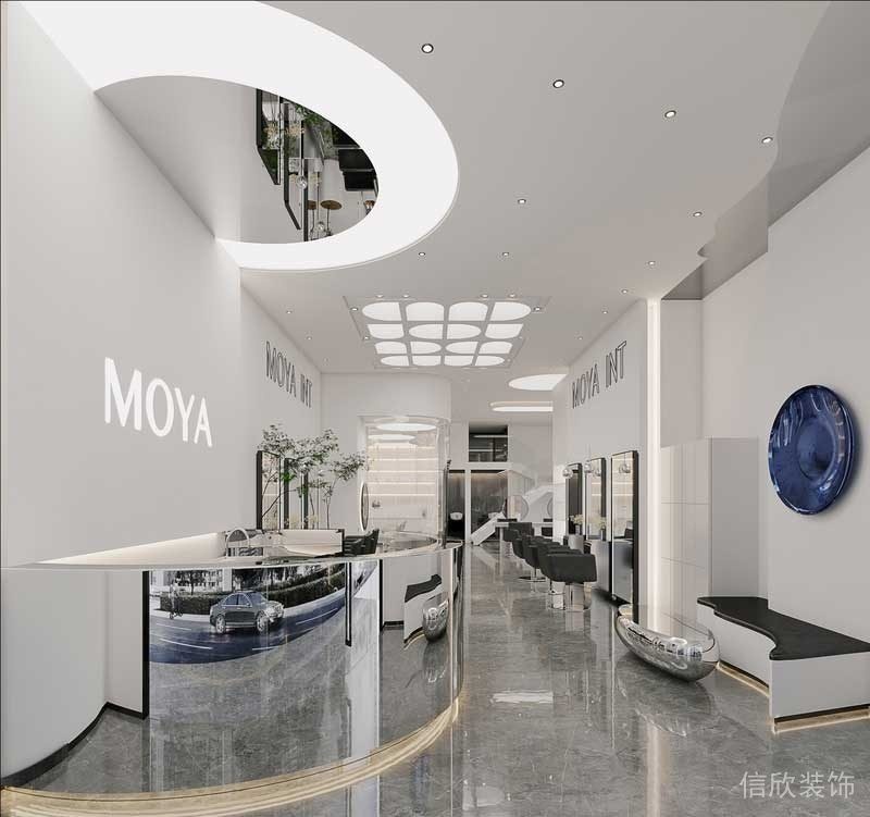 金屬弧線辦公室前臺區(qū)設(shè)計發(fā)廊工作室發(fā)型設(shè)計大廳