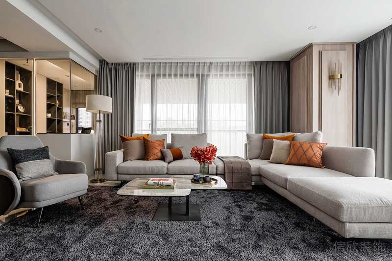 客廳裝修效果圖絨面舒適沙發(fā)窗簾頂頂效果圖木質(zhì)墻柜客廳設計