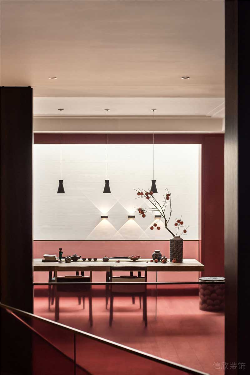 紅色茶葉會客區(qū)中式風(fēng)玻璃半墻隔斷過道設(shè)計效果圖辦公室