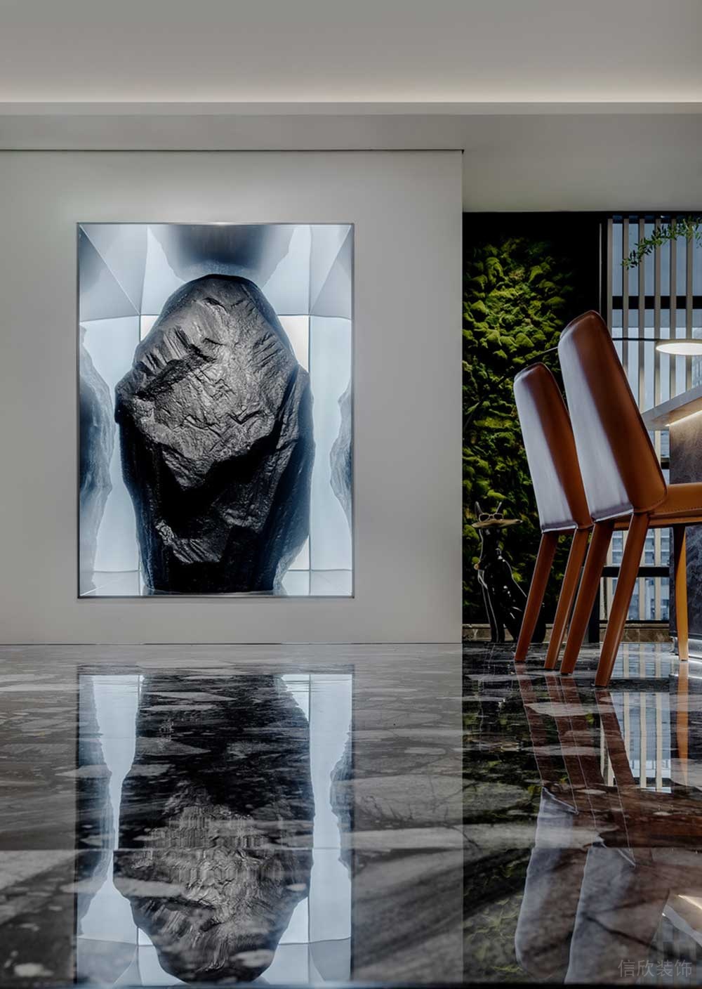 黑色奇石內(nèi)嵌式玻璃展示區(qū)設(shè)計大理石地板辦公室會議室裝修