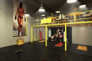 拳擊俱樂部休息區(qū)金屬地板裝修效果圖工業(yè)風(fēng)現(xiàn)代天花創(chuàng)意吊頂健身房