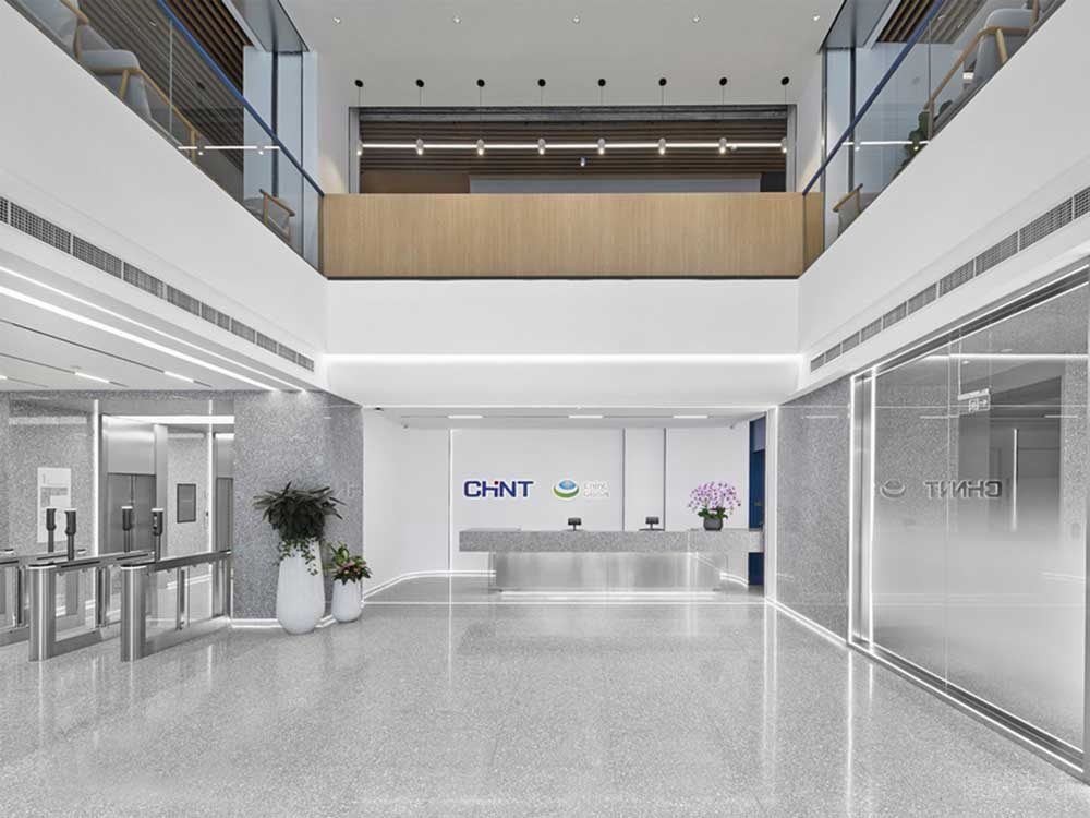 環(huán)形漸變玻璃科技未來感公司裝修前臺設(shè)計水磨石地板辦公室檢測區(qū)域金屬