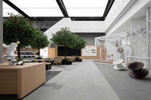 現(xiàn)代創(chuàng)意造型水磨石環(huán)形階梯木質(zhì)工作區(qū)辦公室過(guò)道裝修效果