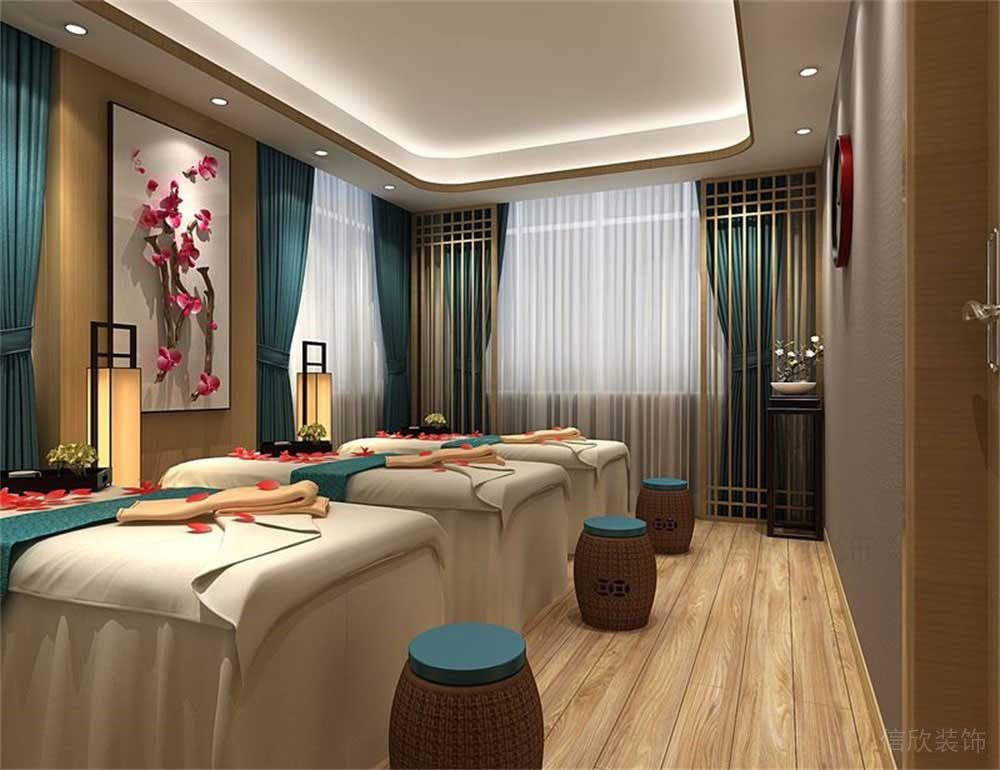 黃色布藝美容床，藍(lán)色的窗簾白色的紗簾