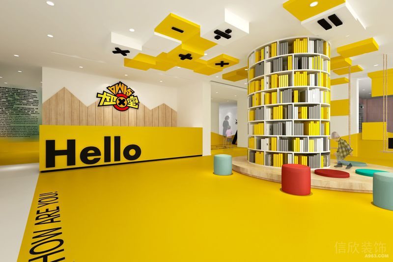 黃色兒童培訓(xùn)機(jī)構(gòu)藝術(shù)周型收納墻體柜大型墻體休息區(qū)大廳設(shè)計(jì)