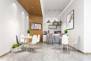 木質(zhì)墻體天花創(chuàng)意直線一體式設(shè)計(jì)茶水間休息區(qū)裝修效果圖大理石地板