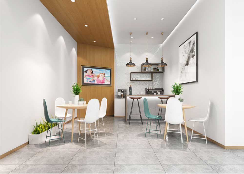 木質(zhì)墻體天花創(chuàng)意直線一體式設(shè)計茶水間休息區(qū)裝修效果圖大理石地板