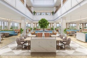 對(duì)稱式餐廳就餐區(qū)域酒樓裝修效果圖現(xiàn)代簡(jiǎn)約創(chuàng)意設(shè)計(jì)藍(lán)色點(diǎn)綴