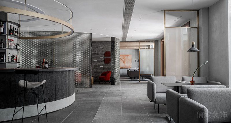 灰色環(huán)形沙發(fā)休息區(qū)環(huán)境水吧臺(tái)辦公室過(guò)道設(shè)計(jì)圖