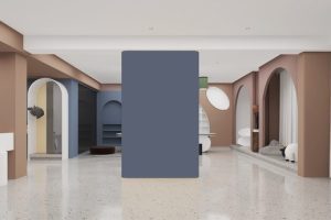 辦公室裝修設計皮粉色撞色木藍色高級色調水磨石創(chuàng)意設計