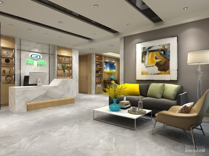 大理石前臺(tái)區(qū)茶幾休息區(qū)天花貼頂燈裝修大堂培訓(xùn)機(jī)構(gòu)藝術(shù)中心