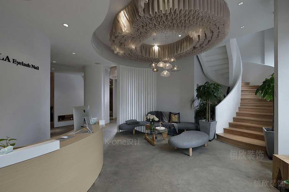 弧線木質(zhì)旋轉(zhuǎn)樓梯裝修效果圖大廳前臺(tái)區(qū)裝修圖工作室