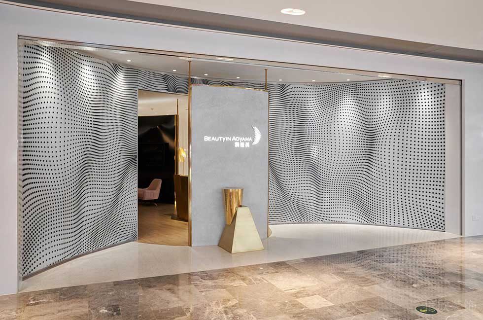 波點(diǎn)墻體設(shè)計(jì)效果圖大理石地板裝修辦公室前臺(tái)區(qū)過道效果金色墻體裝修