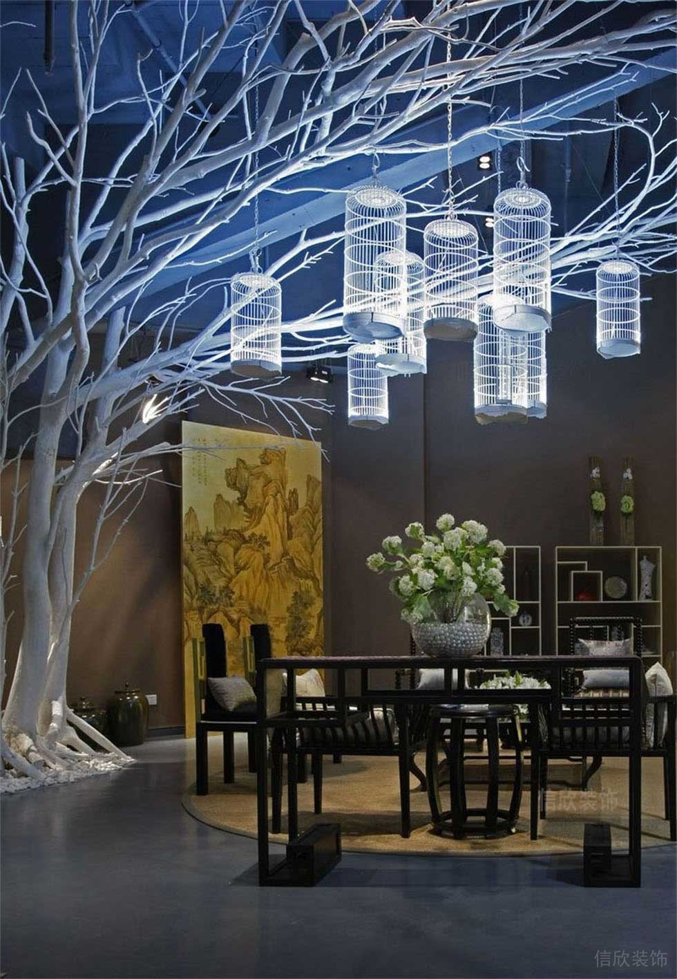 天花創(chuàng)意樹木設(shè)計鳥籠創(chuàng)意吊頂新中式家居辦公室洽談室過道環(huán)形區(qū)域設(shè)計圖