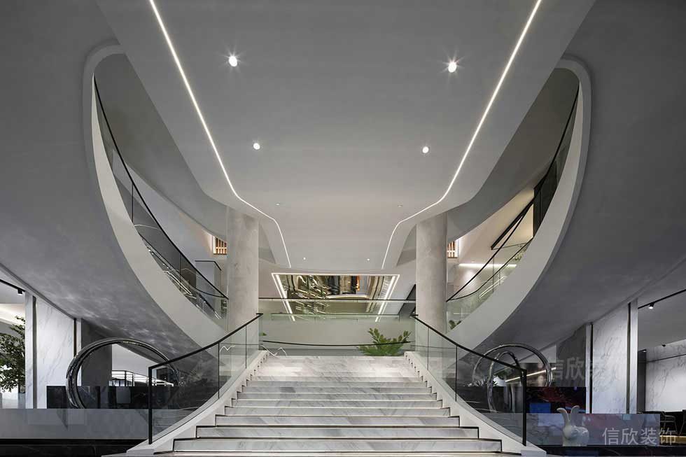 對稱式設(shè)計(jì)現(xiàn)代玻璃扶手效果圖未來科技風(fēng)弧形過道辦公室裝修