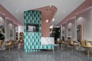 發(fā)型工作室北歐風(fēng)水磨石瓷磚地板大理石前臺區(qū)創(chuàng)意設(shè)計(jì)效果