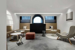 總裁辦公室裝修現(xiàn)代簡約風(fēng)效果圖拱形黑色休息區(qū)對(duì)稱式待客區(qū)裝修