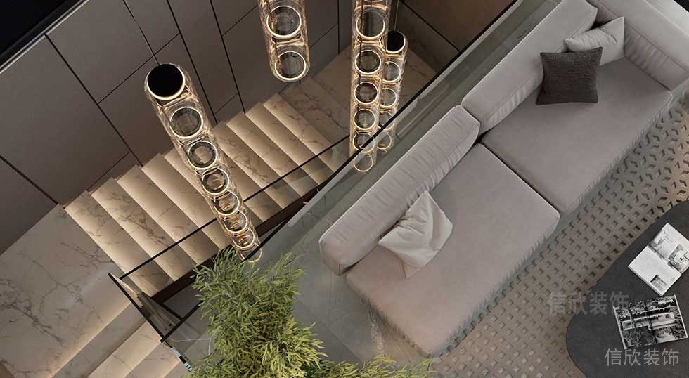 大理石階梯效果圖玻璃半墻隔斷效果沙發(fā)休息區(qū)