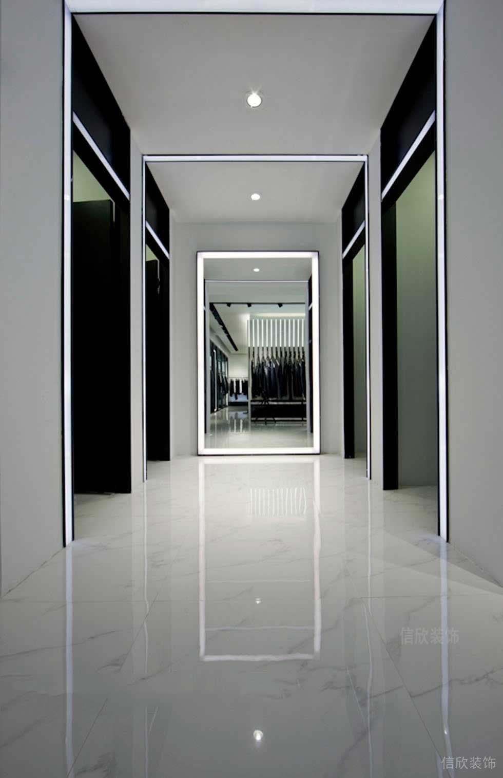 黑白色調(diào)過道設(shè)計(jì)簡(jiǎn)約大理石環(huán)形燈帶鏡面更衣室服裝店鋪裝修