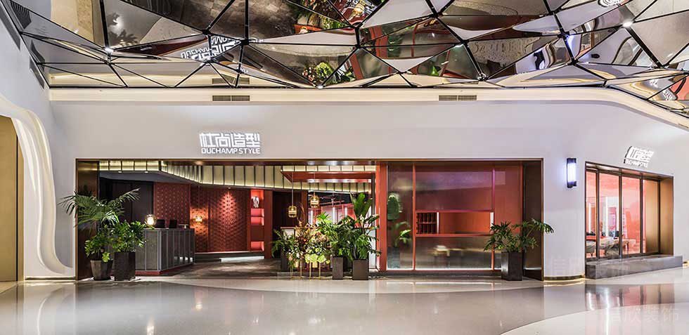 造型設(shè)計(jì)發(fā)型店鋪效果圖鏡面天花幾何裝修店鋪效果圖