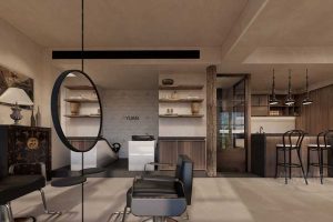 發(fā)型設計店鋪裝修復古木質(zhì)效果圖茶水間休息區(qū)大堂效果圖定制圓形天花線條鏡面效果圖