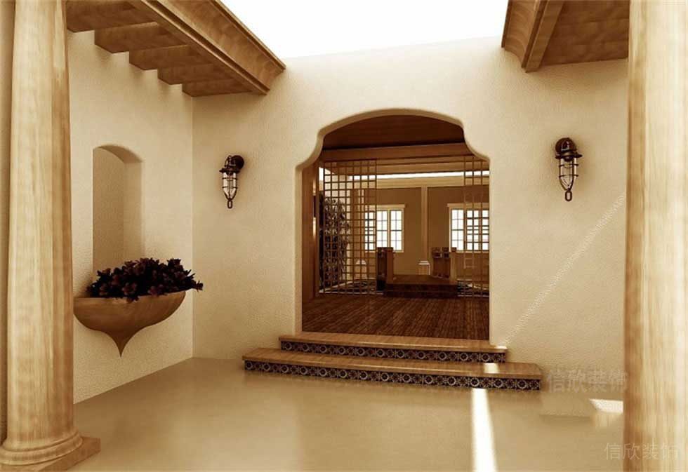 中式地臺(tái)鏤空墻體創(chuàng)意古典造型過道開放式餐廳