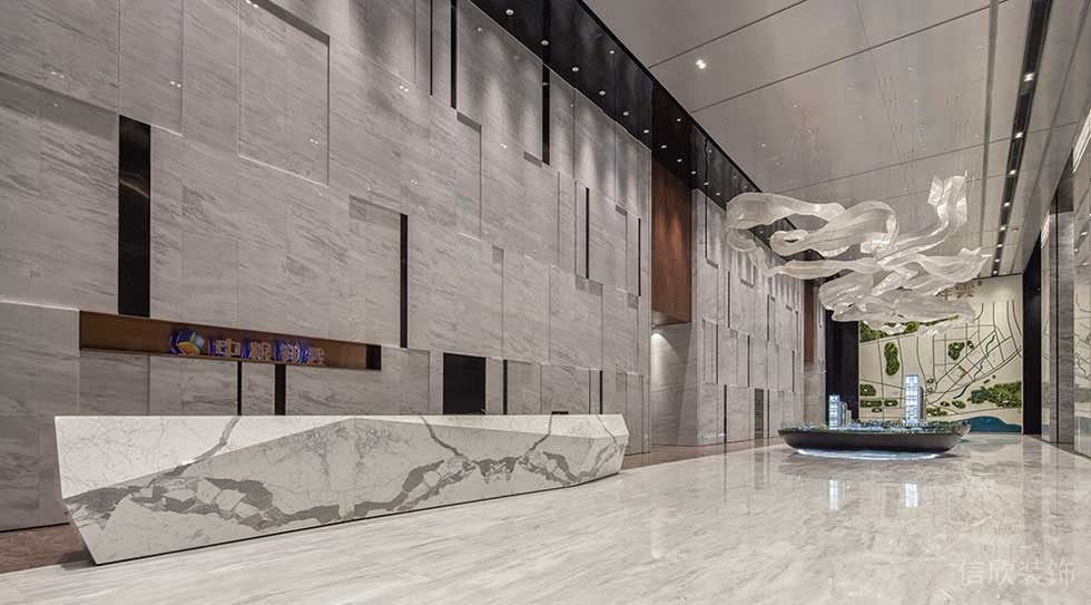 大理石前臺區(qū)裝修效果圖結(jié)合不規(guī)則接待處辦公樓大廳設(shè)計售樓處