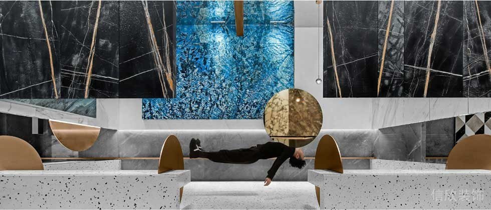 辦公室輕奢風(fēng)裝修效果圖休息區(qū)波點(diǎn)大理石墻體設(shè)計(jì)效果圖