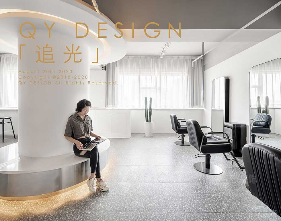 現代發(fā)型工作室水磨石地板墻柱休息區(qū)環(huán)境設計燈飾效果圖