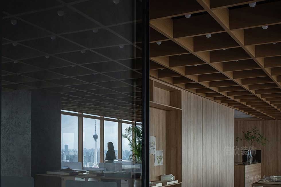 簡約風(fēng)格辦公室木飾面格子造型天花效果圖