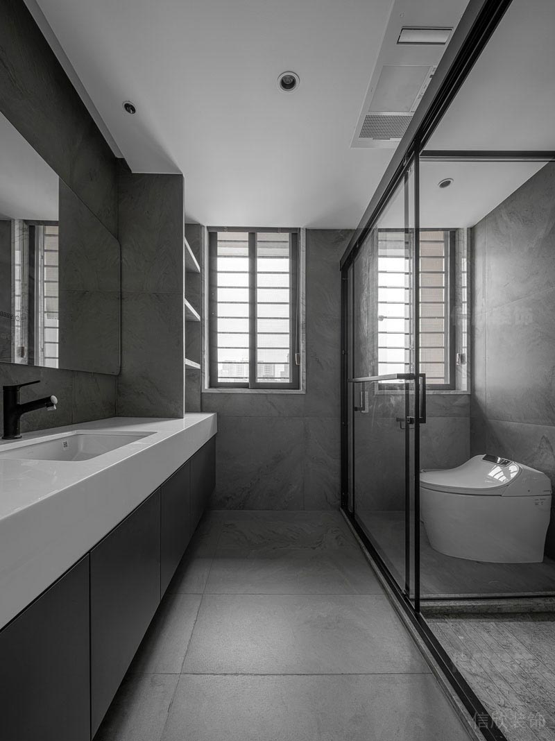 黑白色調(diào)商務(wù)風(fēng)全屋定制效果圖為預(yù)洗手池瓷磚鏡面浴室干濕分離裝修設(shè)計(jì)