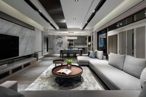 商務(wù)風(fēng)直線沙發(fā)布藝灰色效果圖簡約木質(zhì)茶幾現(xiàn)代簡約風(fēng)客廳裝修