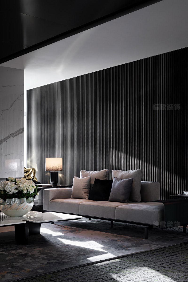 商務(wù)風(fēng)灰色沙發(fā)休息區(qū)木質(zhì)柵格板裝修護墻板客廳效果