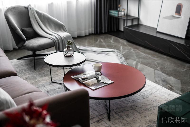 客廳裝修折疊桌簡約茶幾金屬木飾面皮革沙發(fā)商務(wù)風(fēng)裝修設(shè)計