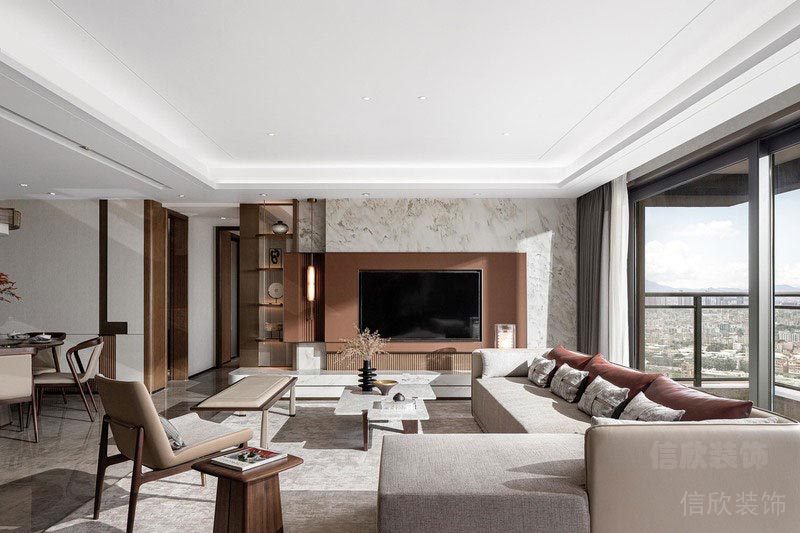 客廳裝修胡桃木石材電視背景墻