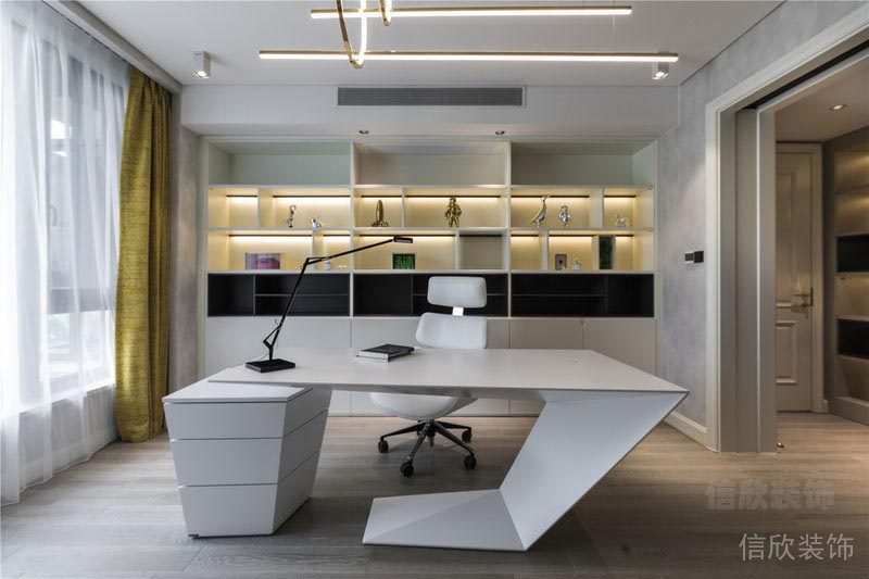 收納純白定制墻柜效果圖幾何創(chuàng)意辦公桌工作室裝修