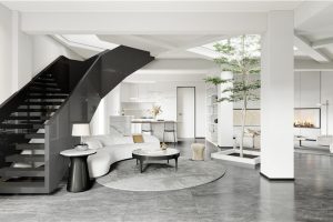 黑白色調(diào)現(xiàn)代簡約風(fēng)全屋定制家裝精品房設(shè)計大廳鏤空階梯弧線設(shè)計圖