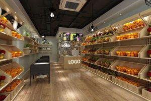 展柜開放式區(qū)域超市水果售賣區(qū)裝修效果工業(yè)風天花中央空調實木地板過道設計