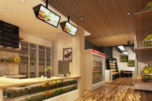 實木地板裝修設計效果超市售賣區(qū)域收銀處結賬區(qū)煙花廣告牌led展示效果