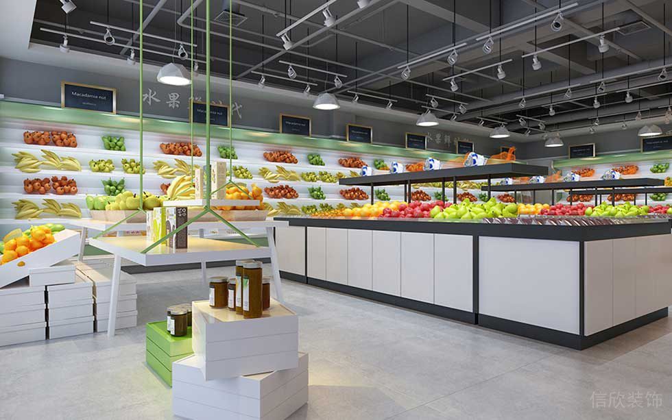 水果售賣區(qū)域超市裝修效果圖天花吊頂秋千室產(chǎn)品展示區(qū)黑白色調(diào)工業(yè)風(fēng)射燈裝修效果