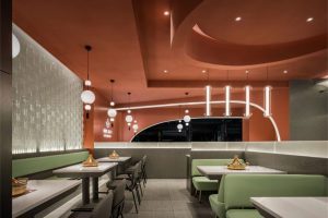 龍崗黃記煌現(xiàn)代風(fēng)格餐飲連鎖店裝修設(shè)計卡座用餐區(qū)效果圖