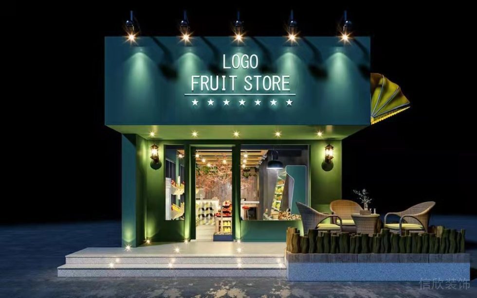 綠色店鋪裝修效果圖花店裝修戶外休息區(qū)臺階獨立大理石效果