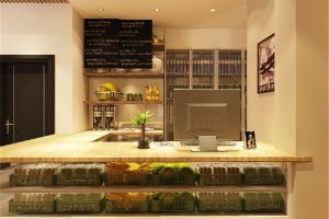 產(chǎn)品結賬區(qū)裝修效果環(huán)形實木環(huán)保超市設計圖。