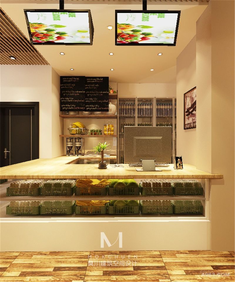 產(chǎn)品結(jié)賬區(qū)裝修效果環(huán)形實(shí)木環(huán)保超市設(shè)計(jì)圖。