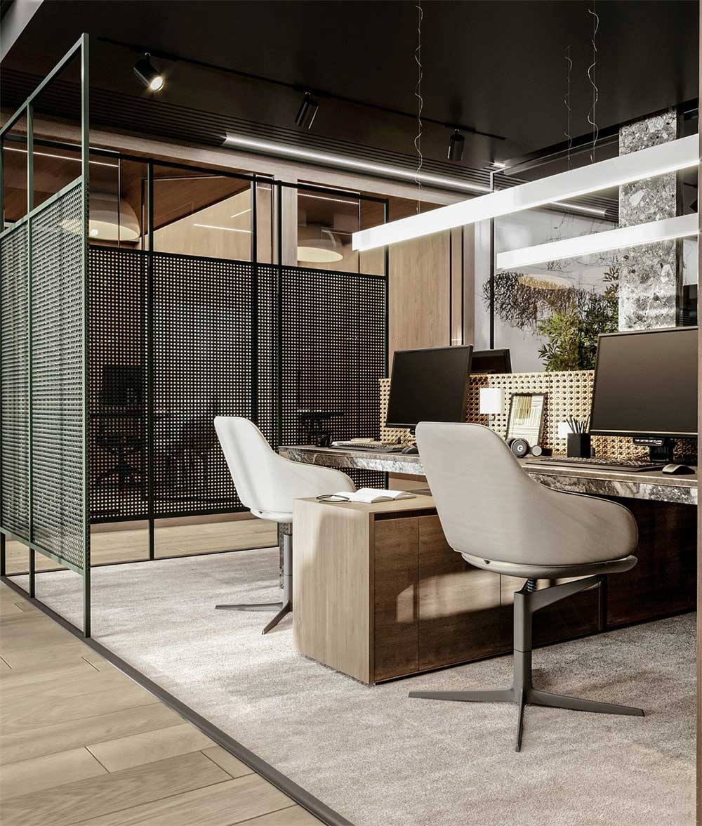 鏤空編制工位辦公室員工開(kāi)發(fā)區(qū)裝修效果圖實(shí)木地板