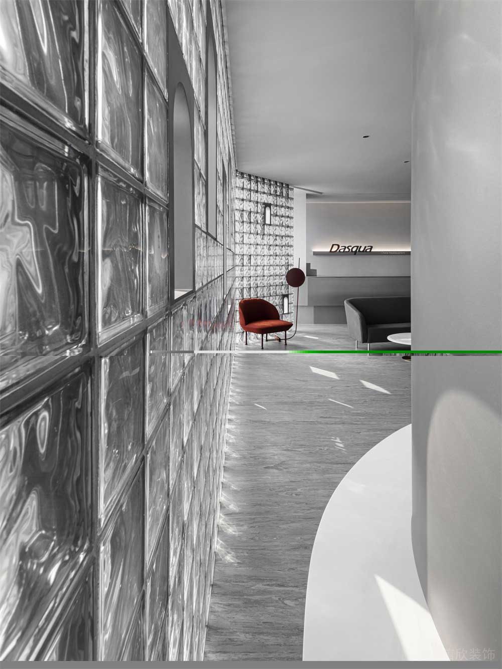 金屬未來(lái)科技感裝修玻璃墻體效果圖辦公室大廳效果