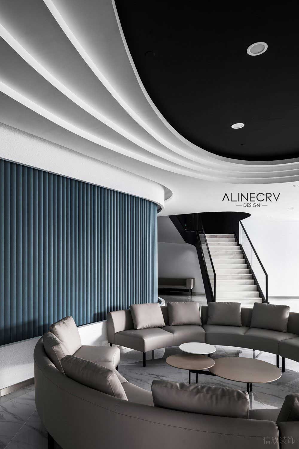 黑白色調(diào)復(fù)試接待區(qū)圓弧吊頂裝修設(shè)計(jì)效果圖