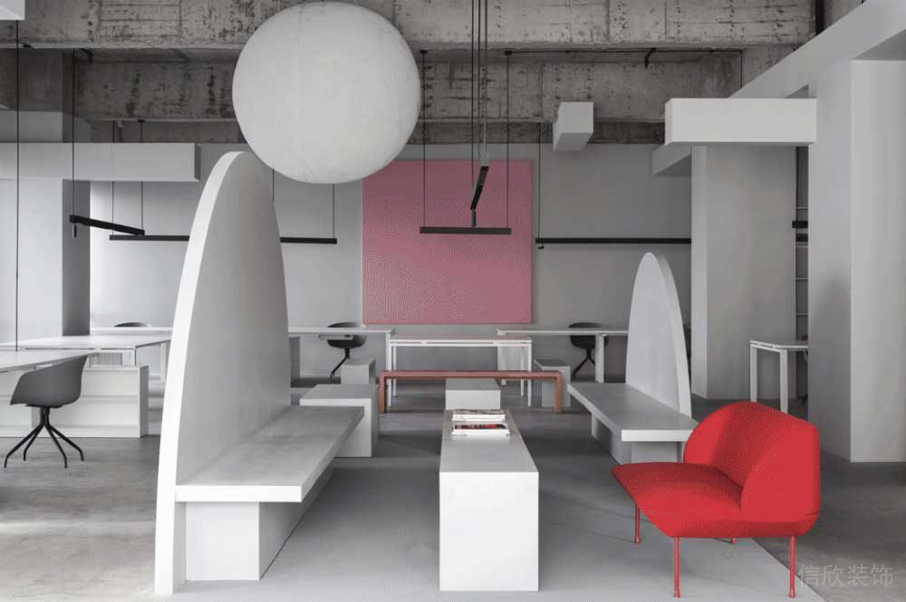 工作服辦公室弧線波點紅色沙發(fā)過道裝修效果