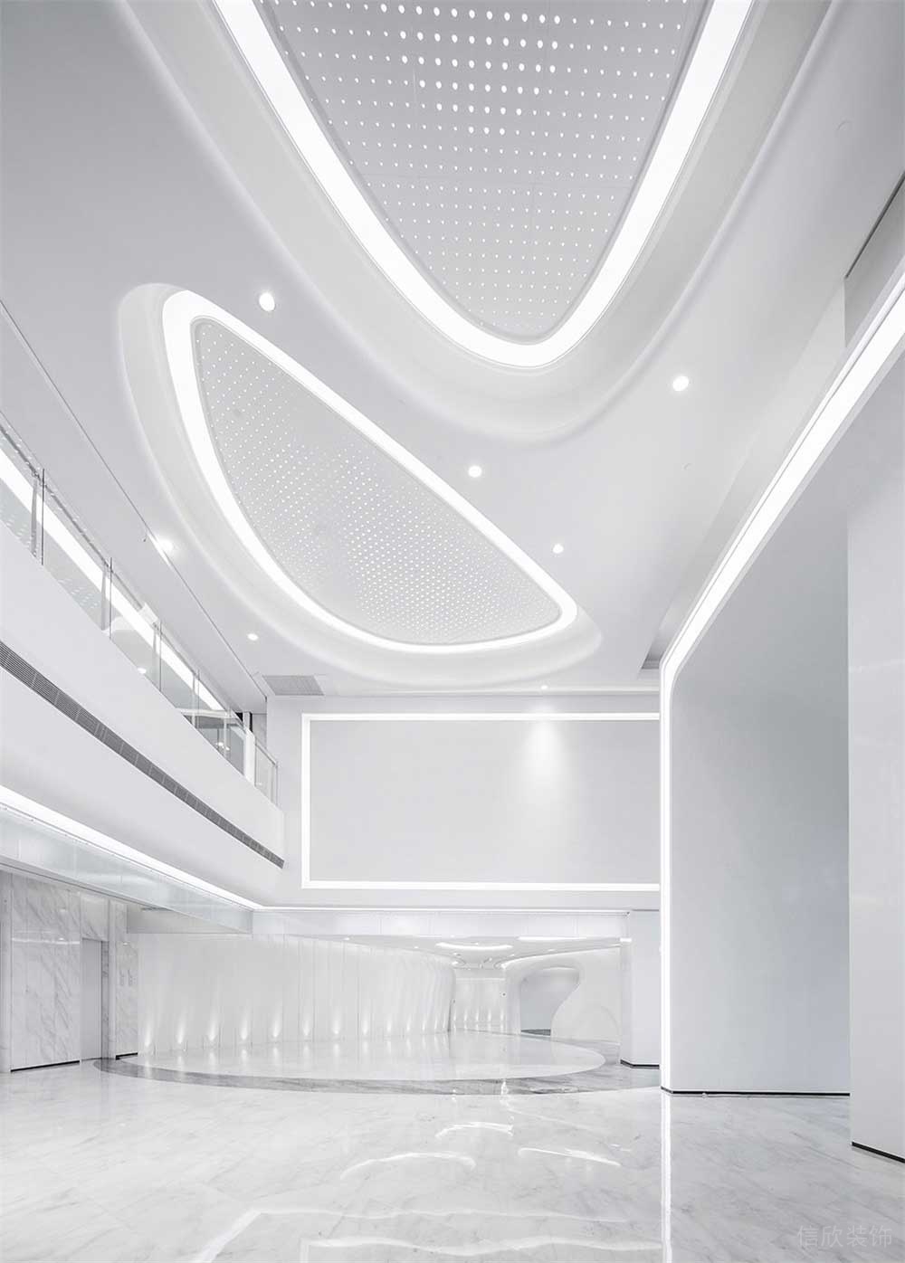 工作室科技未來感現(xiàn)代簡約白色裝修燈飾設(shè)計led燈帶大廳亞克力透明效果圖