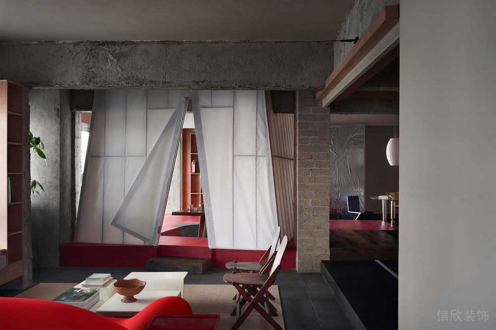 紅色地臺(tái)布藝金屬隔斷地面瓷磚裝修設(shè)計(jì)效果圖